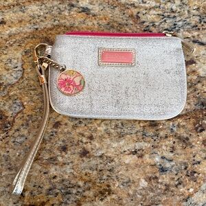 Lilly Pulitzer wristlet with Logo charm printed fabric inside Gold pink floral